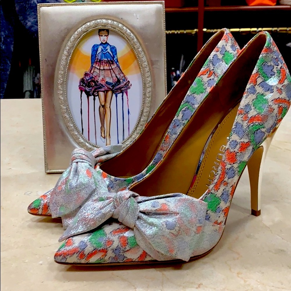 TORY BURCH 110MM BOW PUMP CHINE LUREX JACQUARD FABRIC SILVER HEEL 8 1/2 - Picture 2 of 13